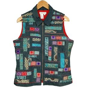Coldwater Creek Womens Boho Patchwork Denim Vest Size M Zip Up Folk Art Festival